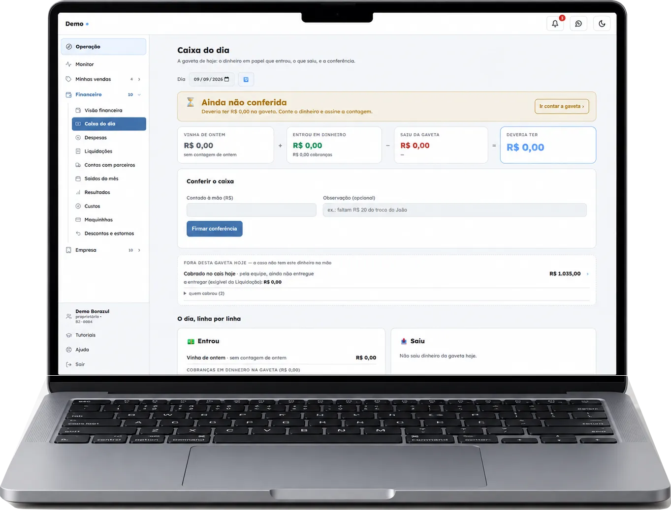 Caixa do dia no Borazul, num notebook: o que entrou, o que saiu e a conferência da gaveta